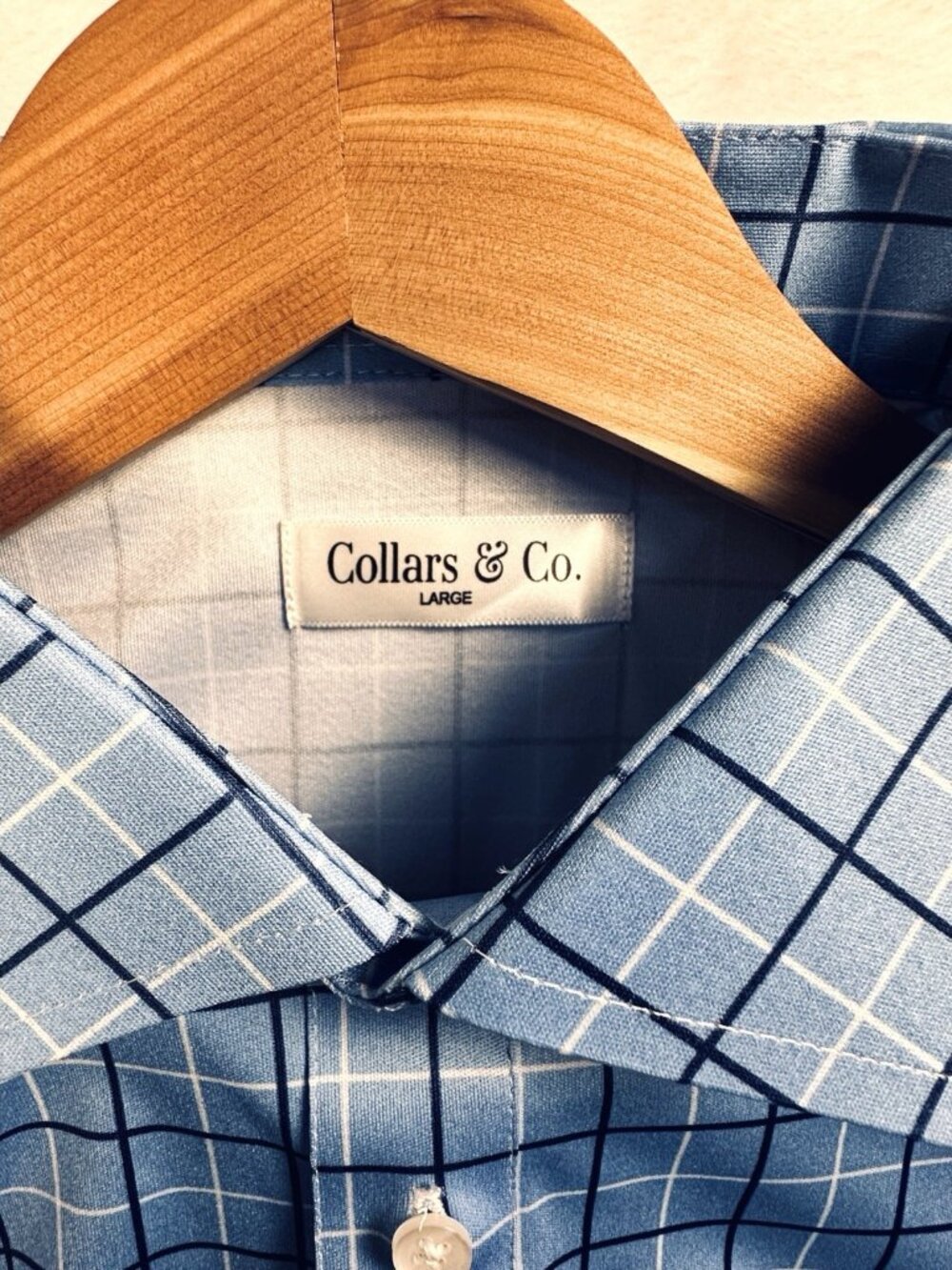 Collars & Co. Semi-Spread Collar Polo Shirt Blue Windowpane Sz Large Golf NWT - Picture 7 of 14